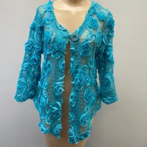 Kaktus | Sweaters | Kaktus Womens Small Blue Floral Artsy Cardigan Sweater  Open Knit | Poshmark